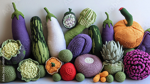 A variety of crocheted vegetables such as eggplants, tomatoes, and artichokes, arranged in a vibrant and playful display.  photo