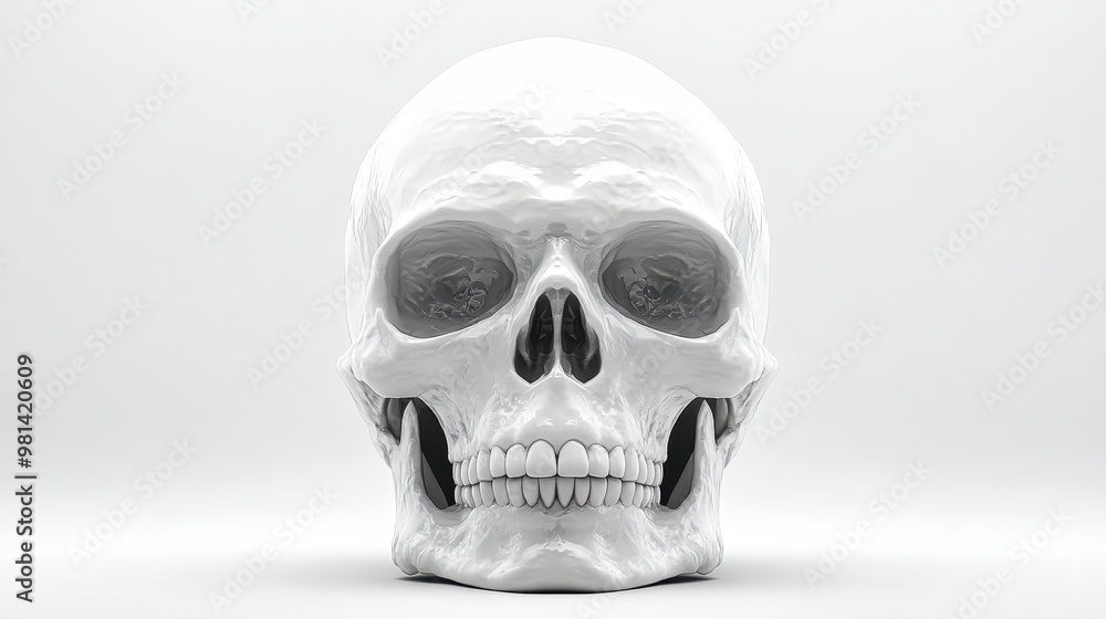 White human skull showing teeth resting on white background White human skull showing teeth resting on white background