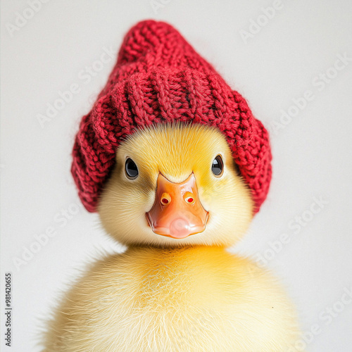 Editorial photoshoot of a yellow ducklet wearing a red knitted hat, white studio background --v 6.1 Job ID: f1011e28-be4d-4f10-9456-249b132f9064 photo