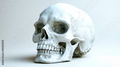 White human skull showing teeth resting on white background