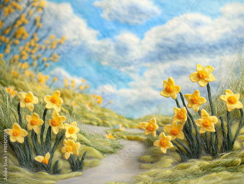 A field of intricately felted daffodils, crafted with soft yarn, set against a naturalistic backdrop. The delicate details bring a handmade touch to a springtime floral scene. photo