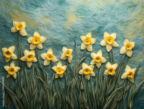 A field of intricately felted daffodils, crafted with soft yarn, set against a naturalistic backdrop. The delicate details bring a handmade touch to a springtime floral scene. photo