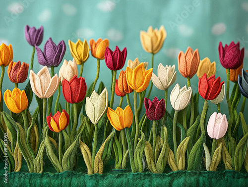 A whimsical field of felted tulips in various vibrant colors, placed against a backdrop of rolling hills. The soft felt textures give a playful and tactile quality to this nature-inspired scene. photo