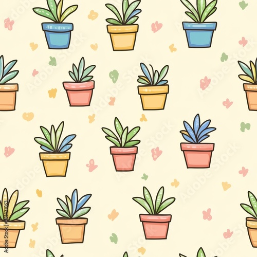 Colorful pattern of potted plants against a soft background, bringing a light and cheerful vibe to any design project.