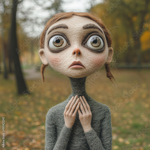 A surreal portrait of a felted humanoid figure with large, expressive eyes. The minimalist design and soft textures evoke a sense of whimsy and artistic creativity. photo