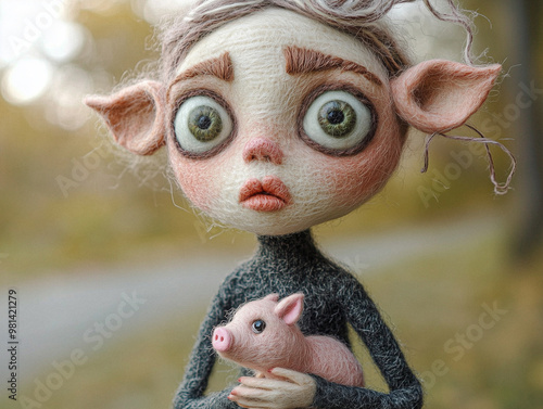 A whimsical humanoid character holding a small piglet, crafted in felt. The wide-eyed figure has a gentle expression, evoking a sense of innocence and fantasy. photo