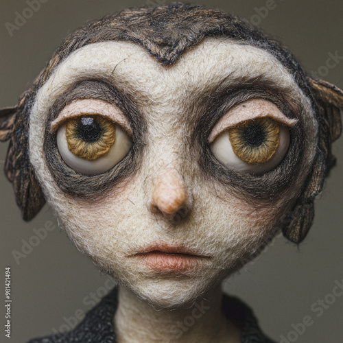 A surreal felted humanoid with large, expressive eyes and fine details, showcasing a unique handmade aesthetic. The lifelike textures and minimalist design evoke an eerie yet captivating character. photo