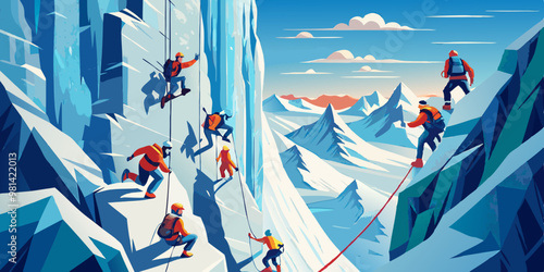 A group of climbers in orange gear climb a high snow-covered cliff