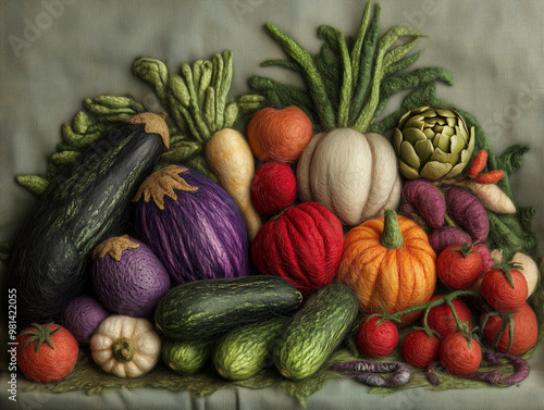 A whimsical display of various felted vegetables, including squash, eggplants, and artichokes, arranged against a light backdrop.  photo