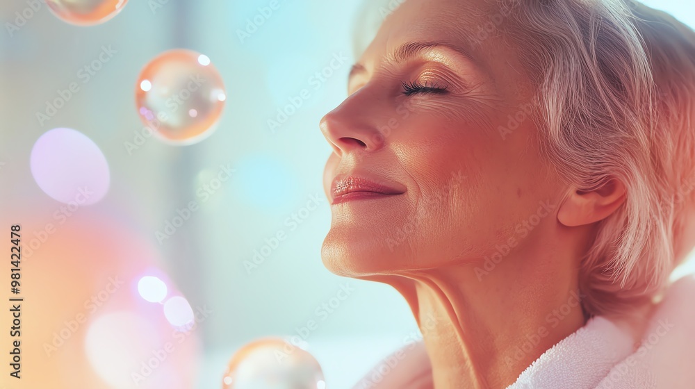 A serene woman enjoying bubbles, radiating tranquility and joy in a dreamy, colorful atmosphere of wellness and relaxation. A serene woman enjoying bubbles, radiating tranquility and joy in a dreamy, colorful atmosphere of wellness and relaxation.