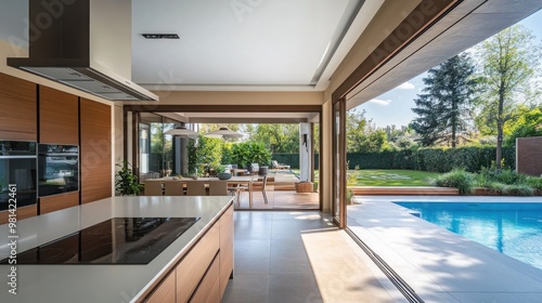 Modern Kitchen with Pool View