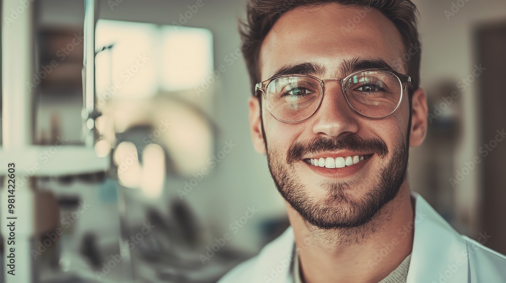 Obraz premium A smiling young professional in glasses, showcasing confidence and approachability in a modern medical environment.