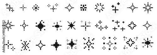 Pixel art stars. Retro decorative night pixelated sparkling elements. Black star and glitter for mobile games. Vector 8-bit retro style illustration.