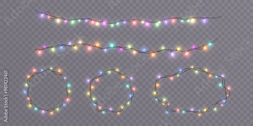 Bright garlands with colorful sparkle of bright bulbs. Christmas lights garland bright lights glow on transparent background. Festive chain of lights.