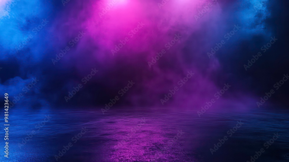 Abstract background with purple and blue smoke and a dark reflective surface. Abstract background with purple and blue smoke and a dark reflective surface.