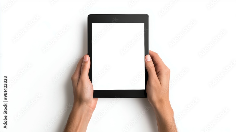 A person is holding a tablet with a white screen A person is holding a tablet with a white screen