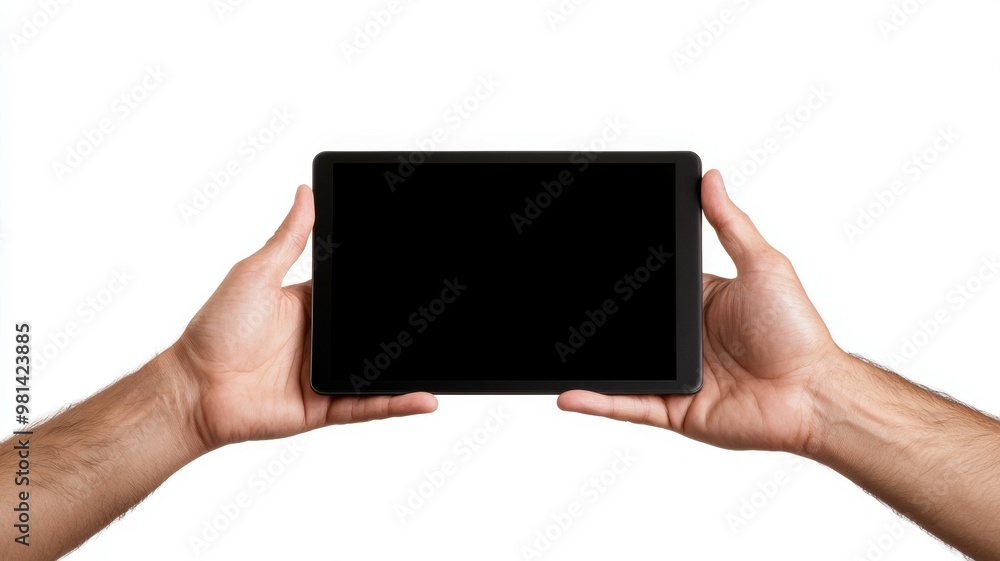 A person is holding a tablet with a black screen A person is holding a tablet with a black screen