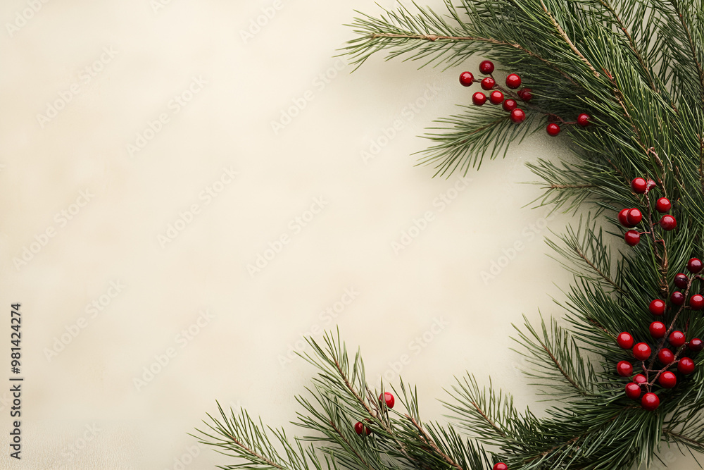 A subtle Christmas background with a simple wreath of green pine leaves and red berries on a soft beige backdrop – elegant and festive minimalist design A subtle Christmas background with a simple wreath of green pine leaves and red berries on a soft beige backdrop – elegant and festive minimalist design