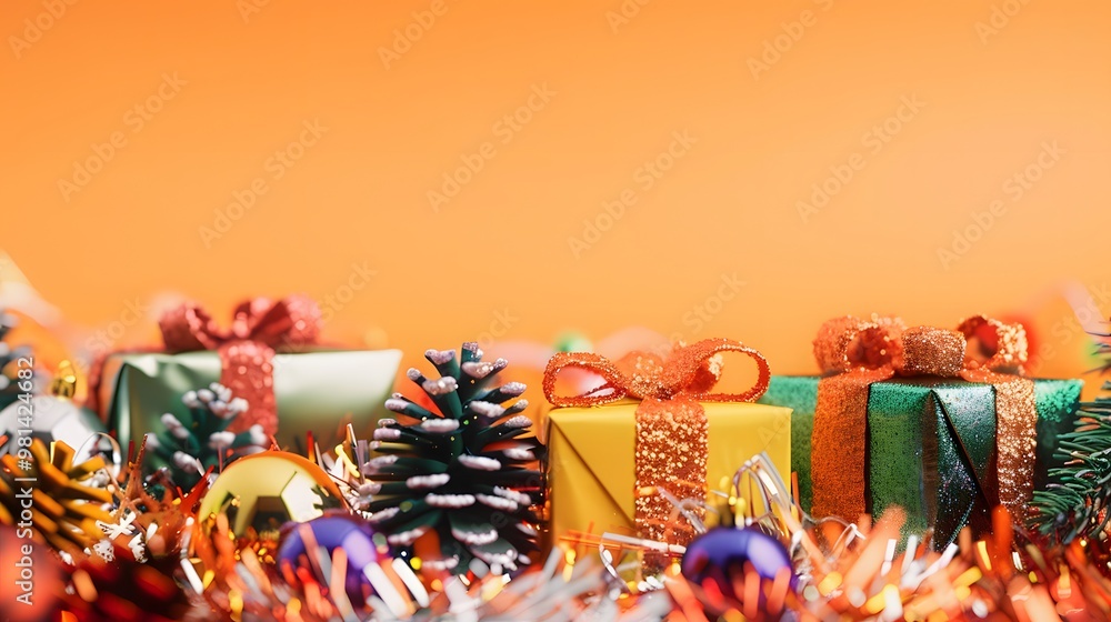 Obraz premium Christmas Gift Boxes and Tinsel with 2025 on Light Orange Background, Cheerful Holiday Celebration