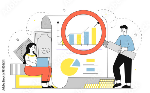 Accountant people with graphs. Woman and man with magnifying glass analyze charts. Financial literacy and income and expense assessment. Linear vector illustration