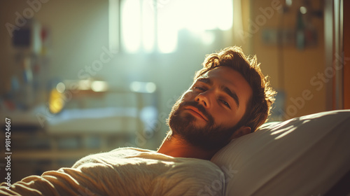 A photograph of an attractive man with a short beard, lying on his back in a hospital bed and relaxing. Sunlight shines through the window, creating a warm atmosphere. He is wearin photo