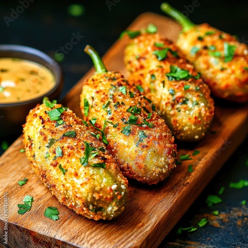 Delicious breaded jalape o poppers topped with parsley resting on wooden cutting board photo