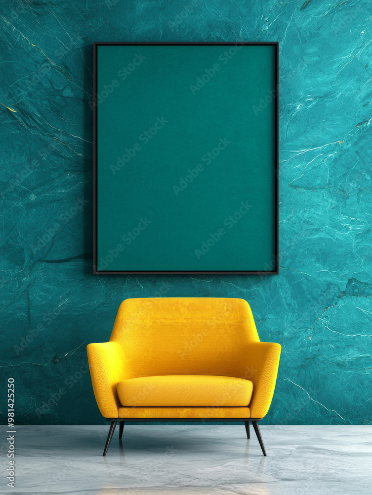 A yellow armchair in front of a teal wall with a blank frame.