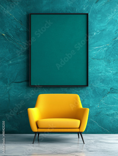 Obraz na płótnie A yellow armchair in front of a teal wall with a blank frame. w salonie