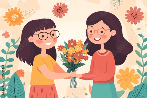 Happy Children Celebrating Teacher Appreciation with Flowers – A Heartwarming Illustration of Gratitude and Joy in a Classroom Setting