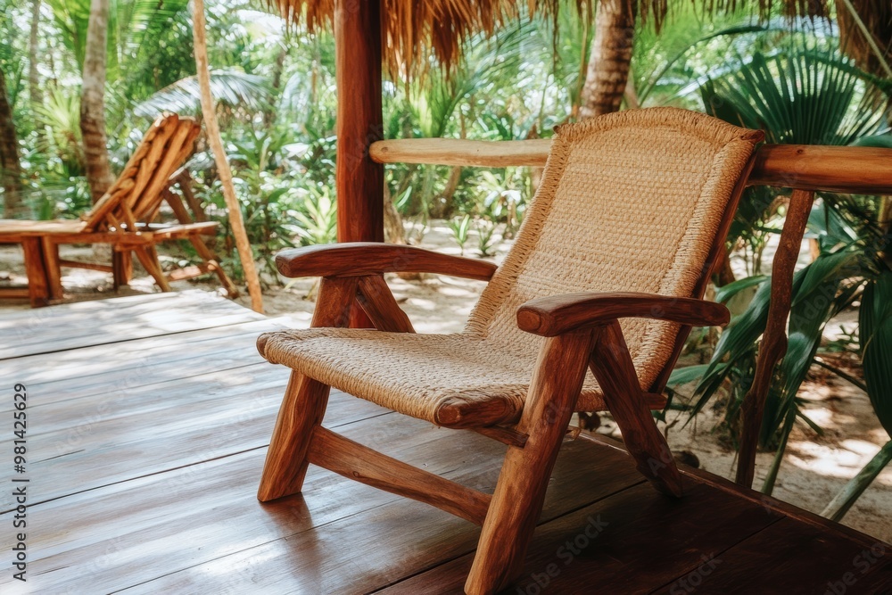 A handcrafted wooden chair with natural fibers sits invitingly under a thatched roof, overlooking vibrant tropical plants A handcrafted wooden chair with natural fibers sits invitingly under a thatched roof, overlooking vibrant tropical plants