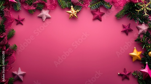 Christmas Garlands and Stars with Merry Christmas on Bright Magenta Background, Joyful Holiday Spirit