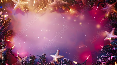 Christmas Garlands and Stars with Merry Christmas on Bright Magenta Background, Joyful Holiday Spirit