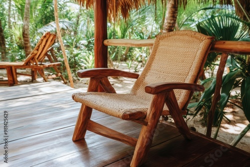 A handcrafted wooden chair with natural fibers sits invitingly under a thatched roof, overlooking vibrant tropical plants