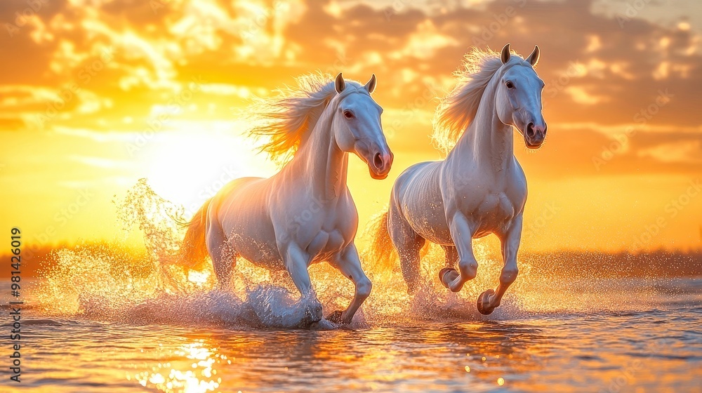 Two white horses running through water at sunset Two white horses running through water at sunset