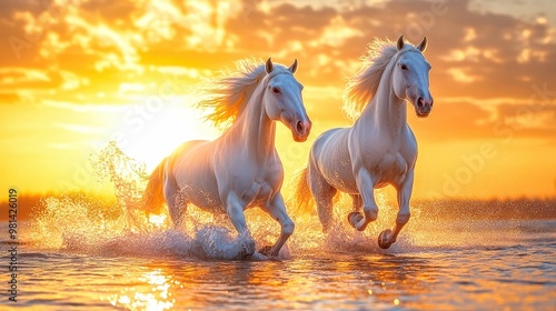 Two white horses running through water at sunset