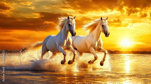 Two white horses running through water at sunset