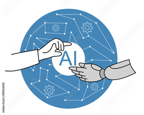 Man with AI. Young guy shakes hands with cyborg. Modern technologies and innovations. Machine learning and artificial intelligence. Linear vector illustration