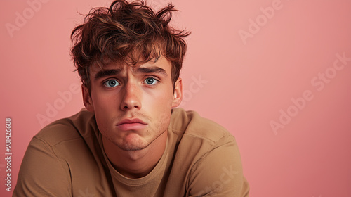 A young man looking at the camera with an incredibly worried expression on his face, against a solid pink background,