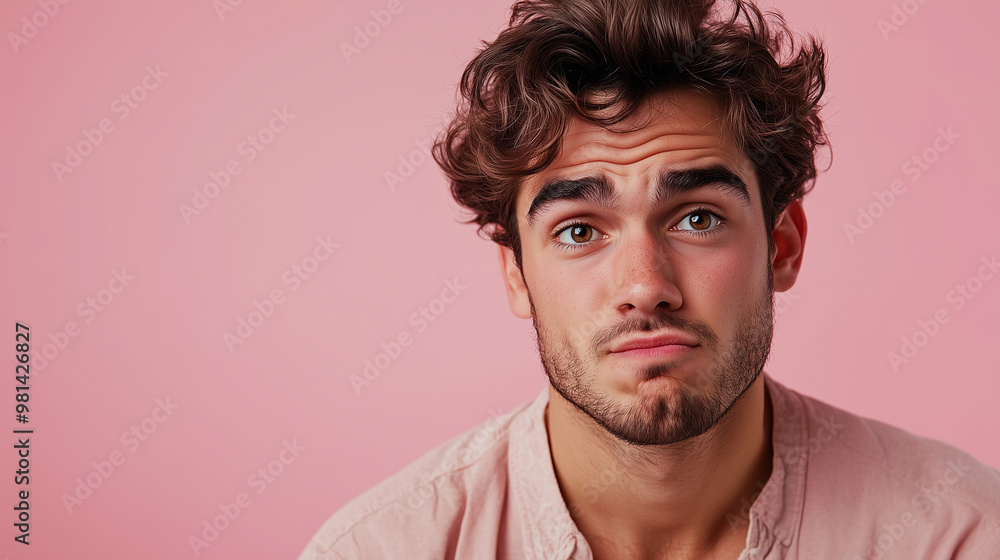 A handsome young man with an exasperated expression, looking directly at the camera against a pink background. He has wavy hair and is wearing casual attire. The focus of his face A handsome young man with an exasperated expression, looking directly at the camera against a pink background. He has wavy hair and is wearing casual attire. The focus of his face