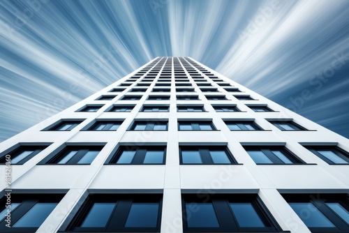 The view looks up at a sleek high-rise building with numerous windows under a fast-moving sky