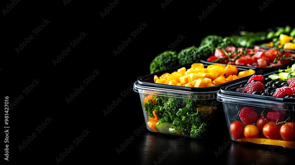 Naklejka premium An organized meal prep scene with containers filled with balanced meals, each labeled with calorie counts, promoting healthy eating habits and weight loss goals. Meal Planning