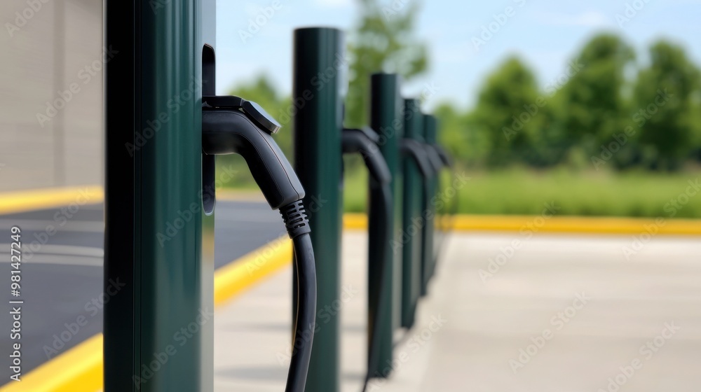 A close-up view of electric vehicle charging stations lined up, showing modern design and eco-friendly technology in a scenic setting. A close-up view of electric vehicle charging stations lined up, showing modern design and eco-friendly technology in a scenic setting.