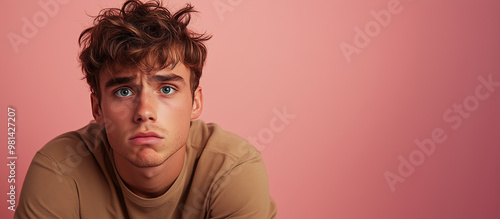 A young man looking at the camera with an incredibly worried expression on his face, against a solid pink background, photo