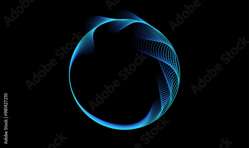 Abstract blue sphere, circles lines wavy in round frame blue green gradient on black background. Vector illustration