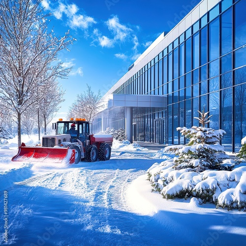 Snow removal service clearing parking lot of modern office building photo