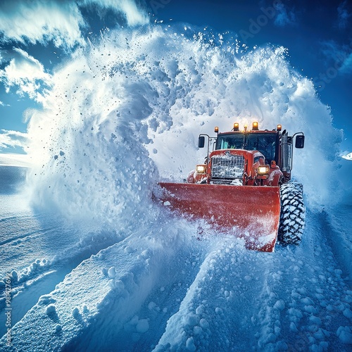 Snow plow is clearing a mountain road after heavy snowfall photo