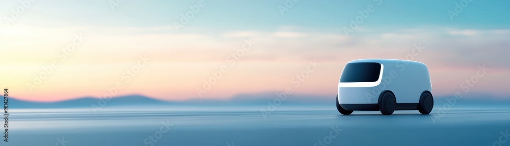 Fototapeta premium A modern delivery van on a serene landscape at sunset, showcasing innovation in transportation.