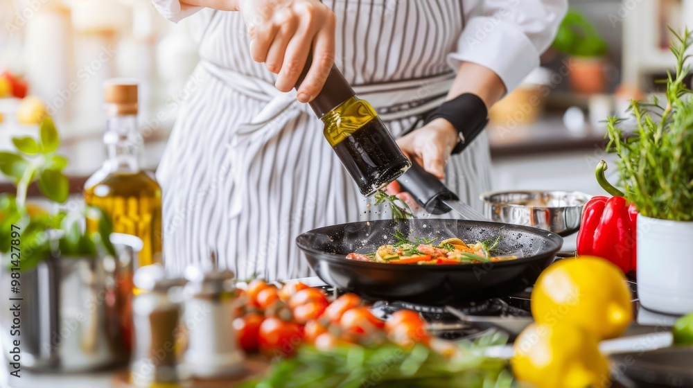 Chef skillfully crafting an exquisite gourmet meal in a luxurious, high end kitchen setting Chef skillfully crafting an exquisite gourmet meal in a luxurious, high end kitchen setting