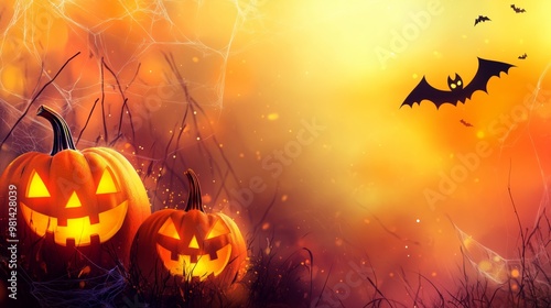 halloween night party background featuring bats pumpkins and cobwebs for spooky festive design photo