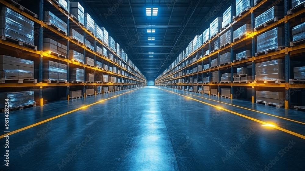 Obraz premium Large warehouse interior with machine learning algorithms improving inventory management at night